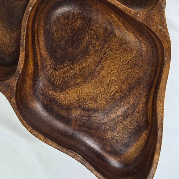 Vintage Monkey Pod Wood Leaf Serving Bowl  3 Sections Made in the Philippines - Picture 3 of 11